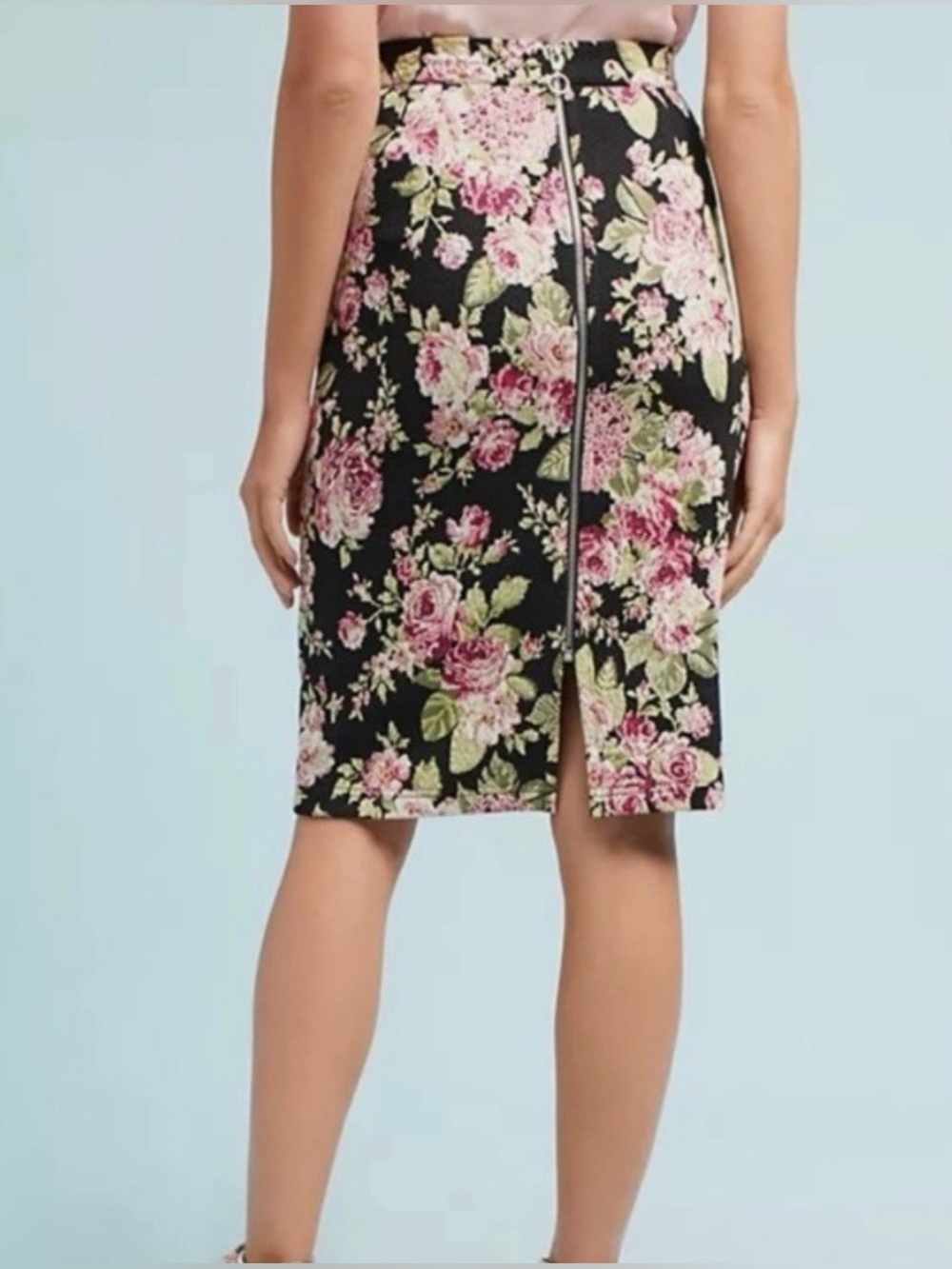 Anthropologie Maeve Floral Rose Pencil Skirt | Black Pink | M - Picture 3 of 10